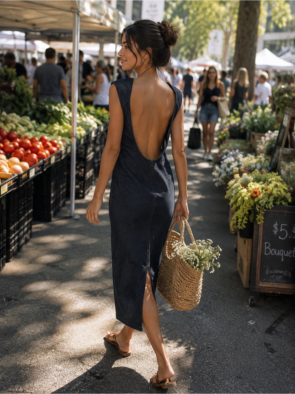Zara Open-Back Midi Dress in Dark Denim